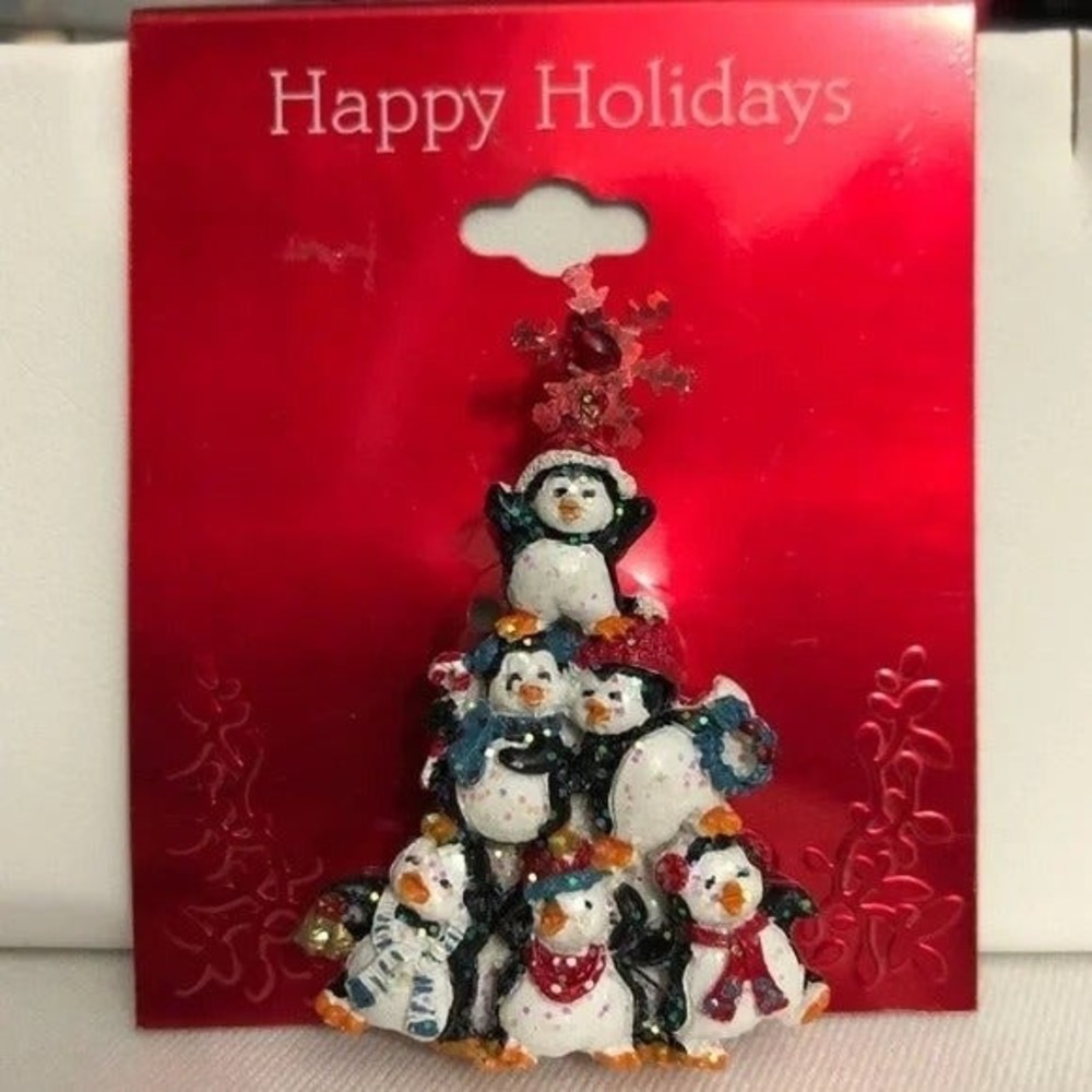 Glitter Penguin Christmas Tree Brooch
